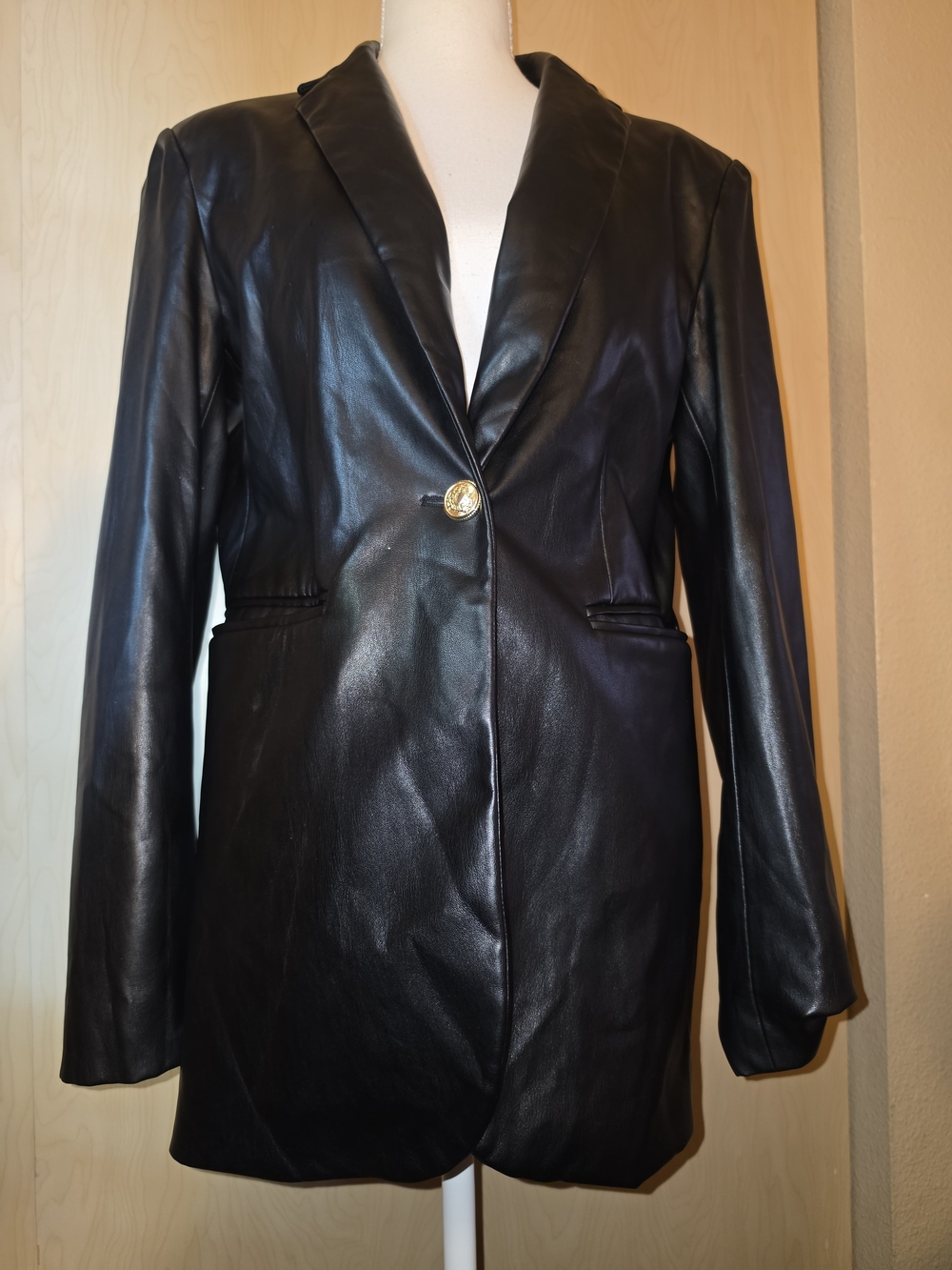 Zara Structured Black Leather Blazer Single Button